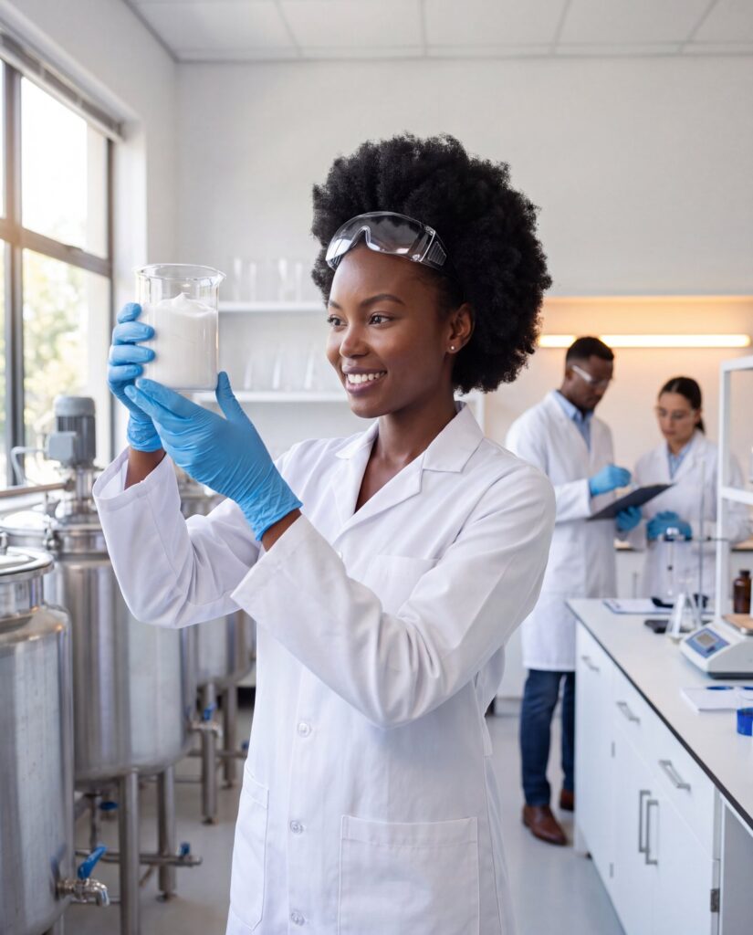 BBS team member inspecting cream in the production lab