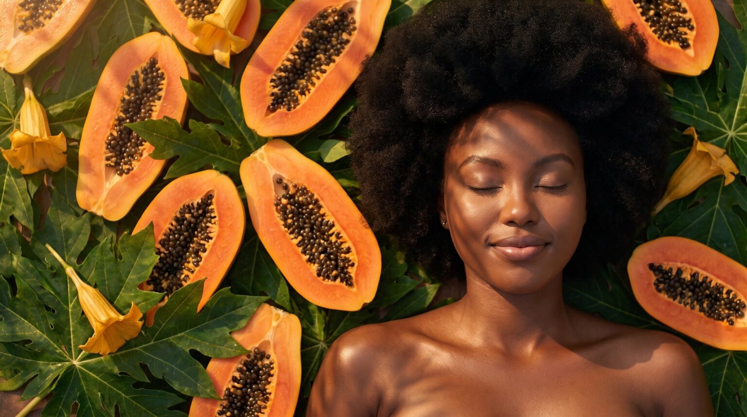 BBS model resting among fresh papayas