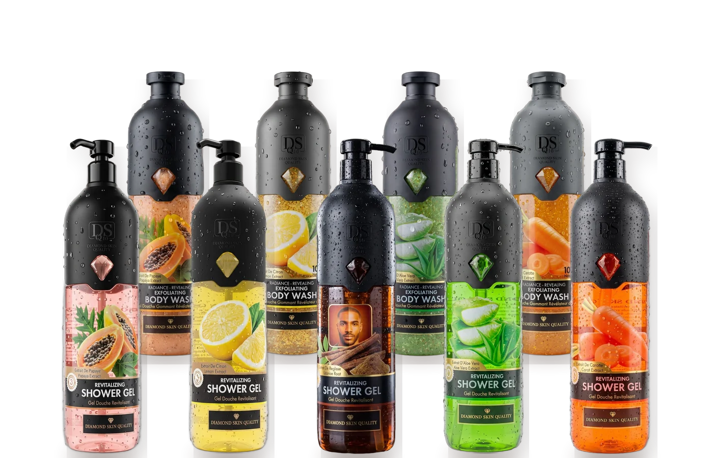 Diamond Skin shower gels and body washes in papaya, lemon, licorice, aloe vera and carrot