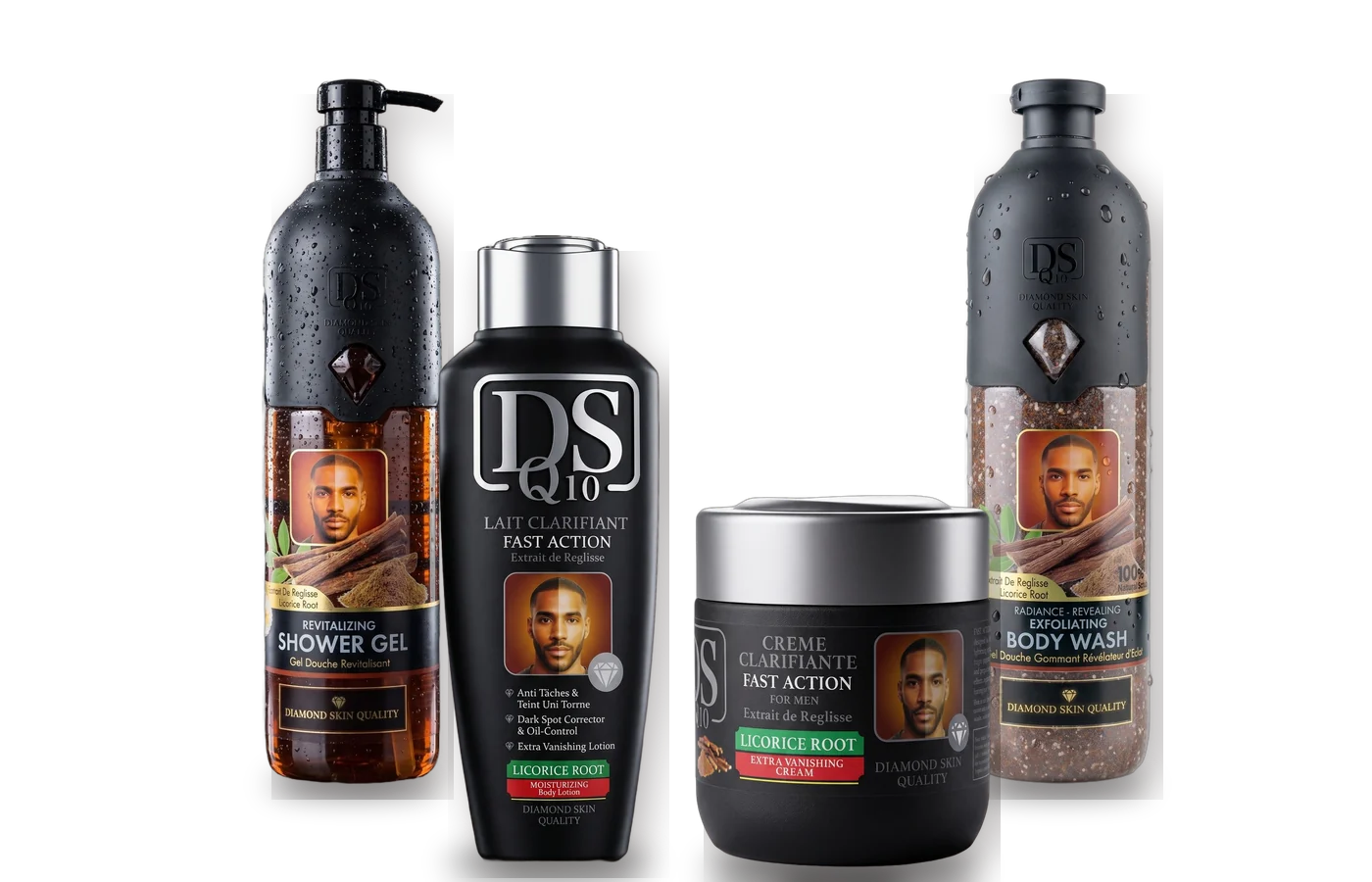 Diamond Skin Q10 men licorice lotion, cream, shower gel and body wash