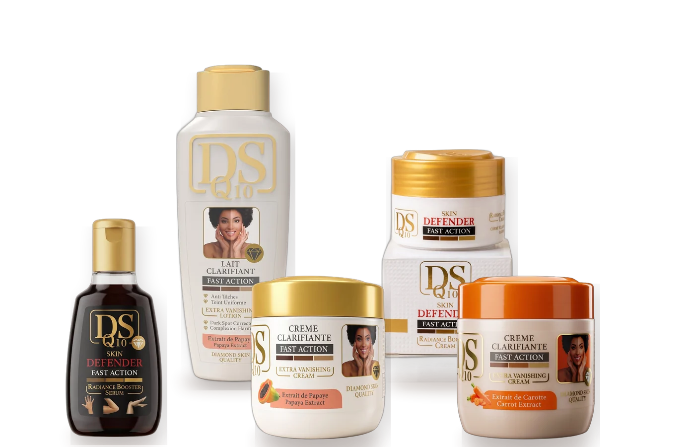 Diamond Skin Q10 lotion, papaya and carrot creams with Skin Defender serum and cream